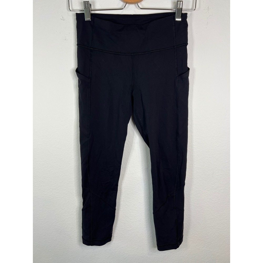 Lululemon Womens Leggings Crop Side Pockets Zipper Back Black 4